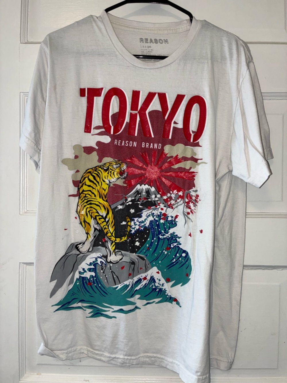 Reason White Tee with Red Tokyo Graphic & Yellow Tiger